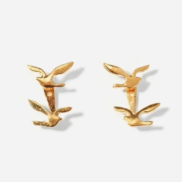 GOLD DOUBLE SPARROW BIRD JACKET STUD EARRINGS - Picture 2 of 6